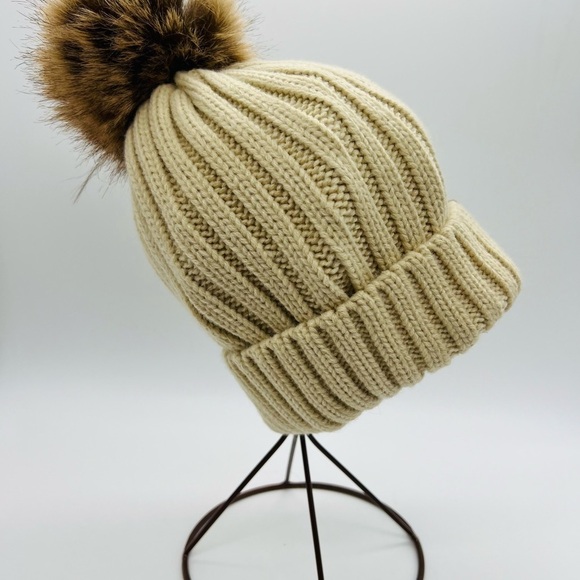 FURTALK WOMENS BEIGE ACRYLIC RIBBED KNIT BEANIE WITH FAUX FUR POM PON - Picture 10 of 10